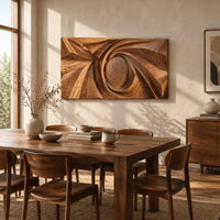 Wide wall art panel with a carved spiral circling a domed center beside a dining table in natural light
