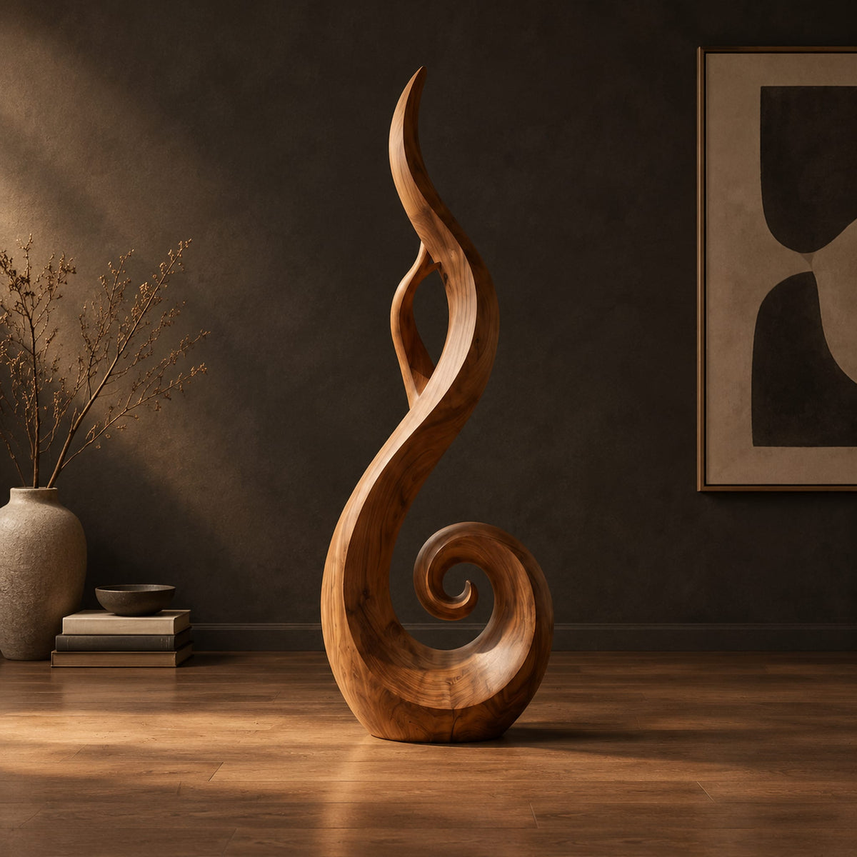 Flame shaped sculpture with an open center and a spiral curl at the base in a dark studio against a charcoal plaster wall