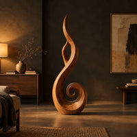 Flame shaped sculpture with an open center and a spiral curl at the base in a dark living room at golden hour