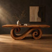 Rectangular dining table with a thick plank top and a spiral ribbon pedestal in a dark studio against a charcoal plaster wall