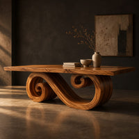Rectangular dining table with a thick plank top and a spiral ribbon pedestal, three-quarter view showing the grain