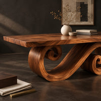 Corner detail of rectangular dining table with a thick plank top and a spiral ribbon pedestal beside wood, brass and linen samples