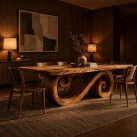 Rectangular dining table with a thick plank top and a spiral ribbon pedestal in an evening dining room with walnut wall paneling
