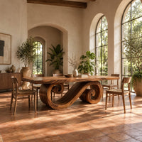 Rectangular dining table with a thick plank top and a spiral ribbon pedestal in a bright dining room with arched windows and plants