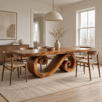 Rectangular dining table with a thick plank top and a spiral ribbon pedestal in a Scandinavian dining room with white walls
