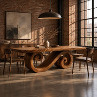 Rectangular dining table with a thick plank top and a spiral ribbon pedestal in an industrial loft dining room with exposed brick