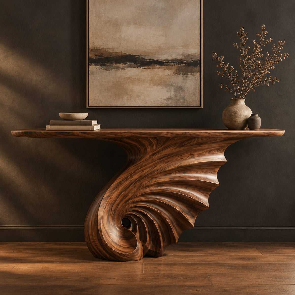 Console table on a single spiral scroll base with fanned carved ridges in a dark studio against a charcoal plaster wall
