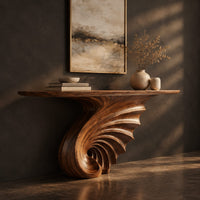Console table on a single spiral scroll base with fanned carved ridges, three-quarter view showing the grain