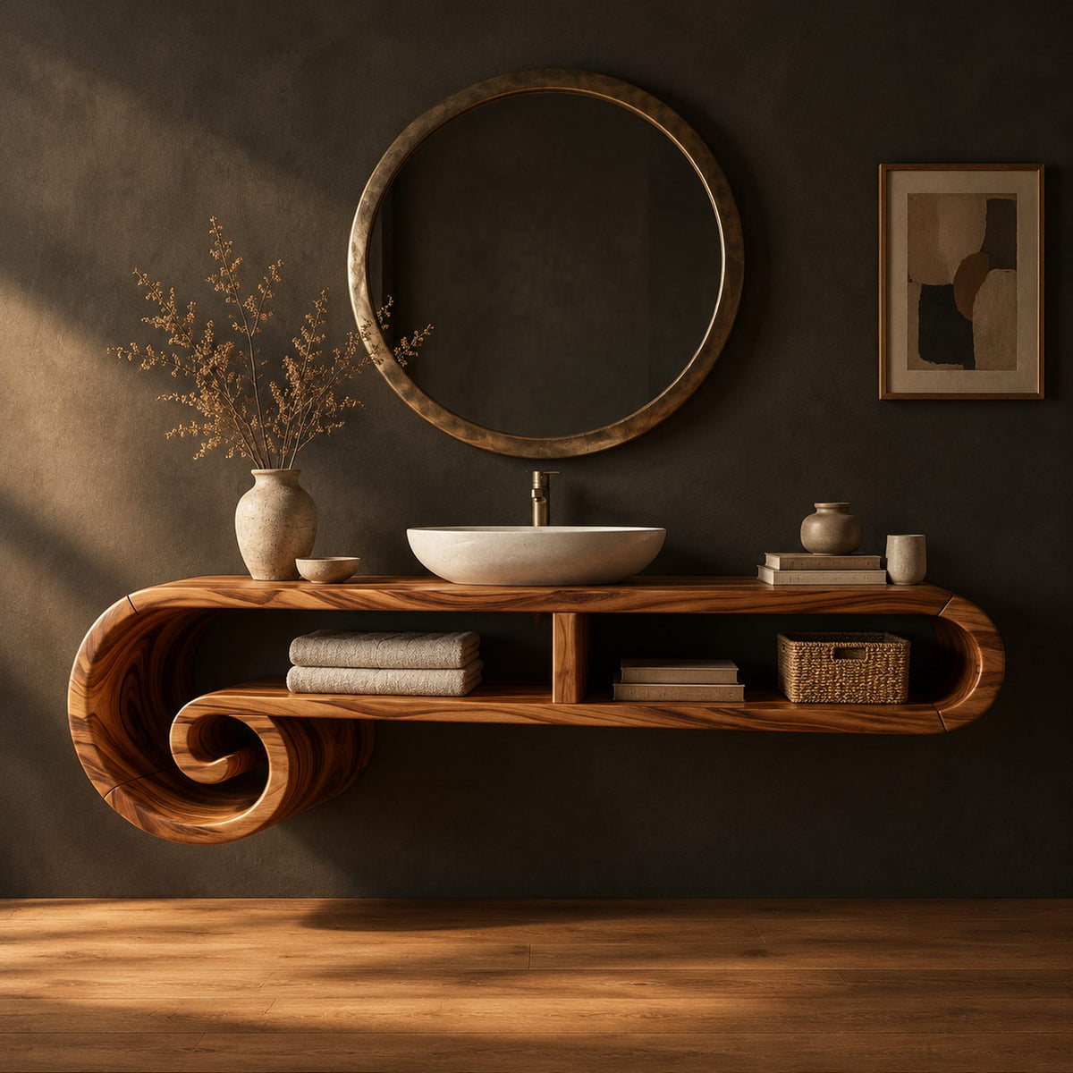 Floating scroll shelf vanity cabinet with two open compartments and curled ends in a dark studio against a charcoal plaster wall