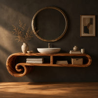 Floating scroll shelf vanity cabinet with two open compartments and curled ends in a dark studio against a charcoal plaster wall