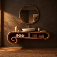 Floating scroll shelf vanity cabinet with two open compartments and curled ends in a dark bathroom at golden hour