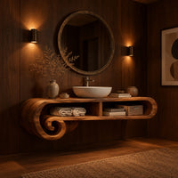 Floating scroll shelf vanity cabinet with two open compartments and curled ends in an evening bathroom with walnut wall paneling