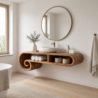 Floating scroll shelf vanity cabinet with two open compartments and curled ends in a Scandinavian bathroom with white walls