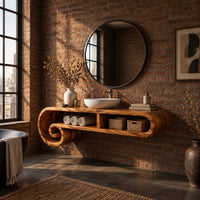 Floating scroll shelf vanity cabinet with two open compartments and curled ends in an industrial loft bathroom with exposed brick