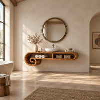 Floating scroll shelf vanity cabinet with two open compartments and curled ends in a bright open plan bathroom