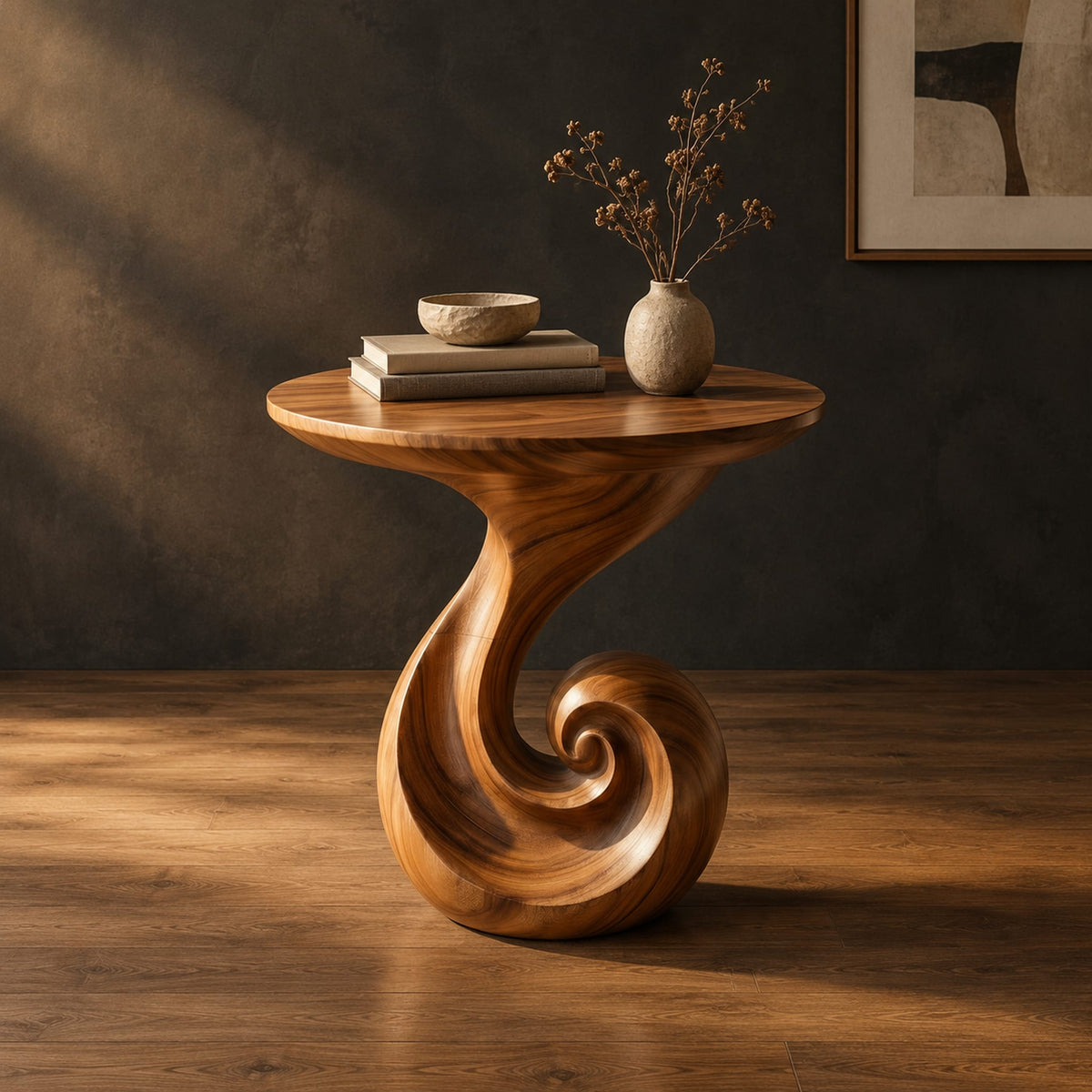 Scroll base side table with a circular top and spiral foot in a dark studio against a charcoal plaster wall