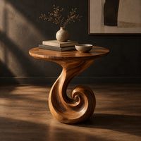 Scroll base side table with a circular top and spiral foot, three-quarter view showing the grain