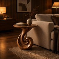 Scroll base side table with a circular top and spiral foot in an evening living room with walnut wall paneling