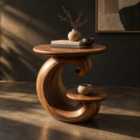Spiral side table with a curled base and a small lower shelf, three-quarter view showing the grain