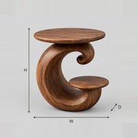 Spiral Side Table With A Curled Base And Small Lower Shelf dimension diagram with width, height and depth