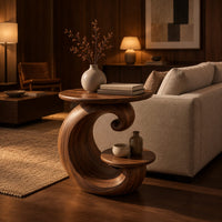 Spiral side table with a curled base and a small lower shelf in an evening living room with walnut wall paneling