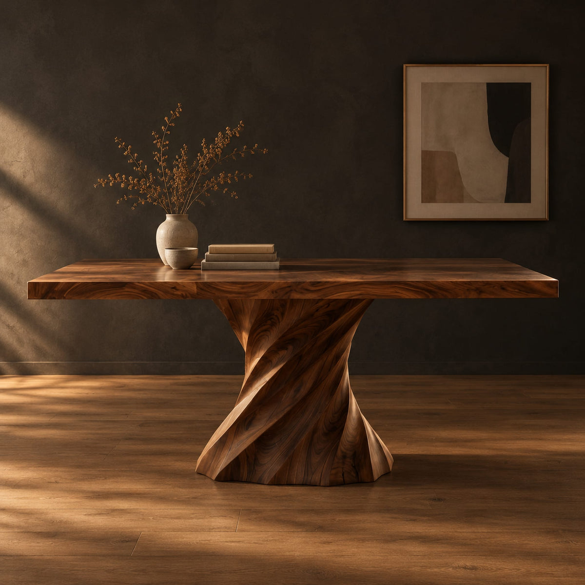 Long dining table on two spiral twisted pedestals with a thick flat top in a dark studio against a charcoal plaster wall