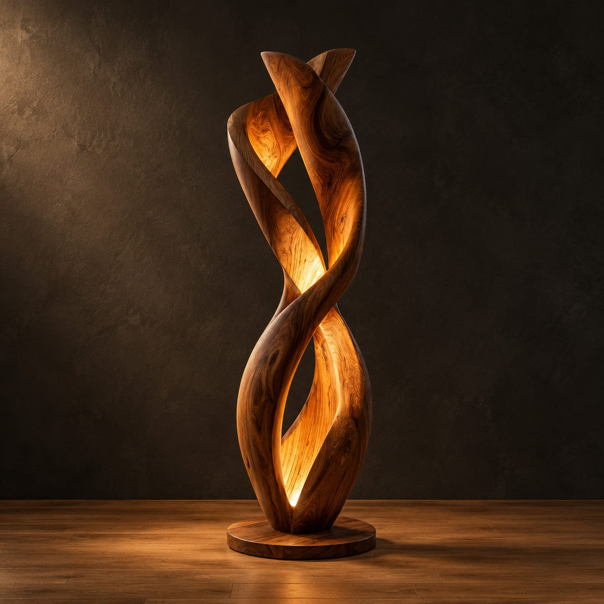 Twisted floor lamp with spiral wood ribbons and a warm inner glow in a dark studio against a charcoal plaster wall