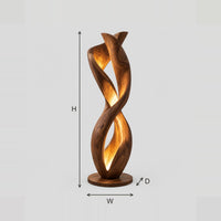 Spiral Wood Ribbon Floor Lamp With Light Glowing From Within dimension diagram with width, height and depth
