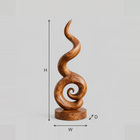 Spiral Wood Sculpture With A Flame Like Swirl And Disc Base dimension diagram with width, height and depth