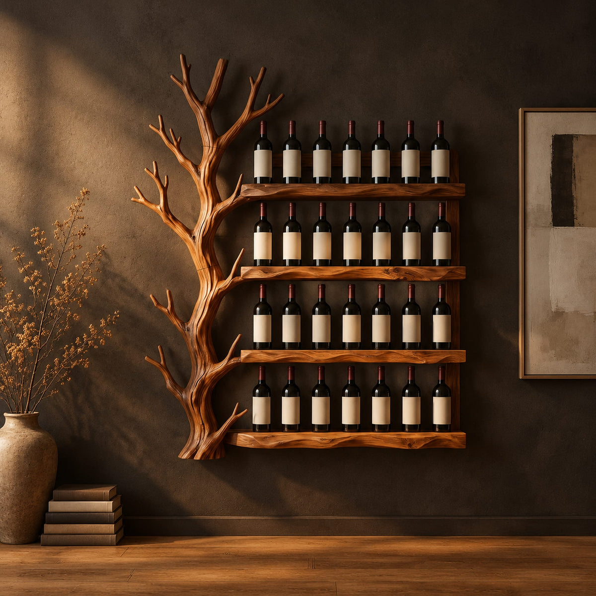 Tree shaped wine rack with four long shelves and a branching left side in a dark studio against a charcoal plaster wall