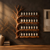 Tree shaped wine rack with four long shelves and a branching left side in a dark studio against a charcoal plaster wall
