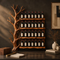 Corner detail of tree shaped wine rack with four long shelves and a branching left side beside wood, brass and linen samples