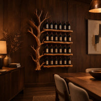 Tree shaped wine rack with four long shelves and a branching left side in an evening dining room with walnut wall paneling