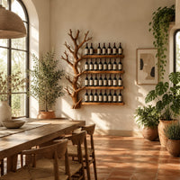 Tree shaped wine rack with four long shelves and a branching left side in a bright dining room with arched windows and plants
