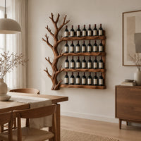 Tree shaped wine rack with four long shelves and a branching left side in a Scandinavian dining room with white walls