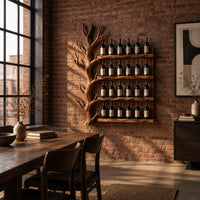 Tree shaped wine rack with four long shelves and a branching left side in an industrial loft dining room with exposed brick