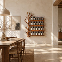 Tree shaped wine rack with four long shelves and a branching left side in a bright open plan dining room