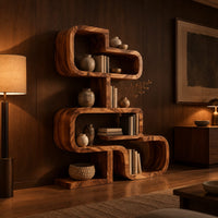 Stacked loop bookshelf with offset open cubbies on a flat base in an evening living room with walnut wall paneling