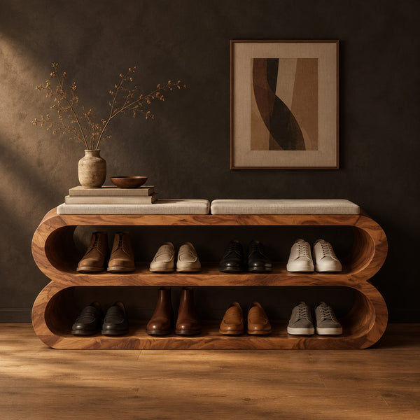 Stacked Loop Shoe Bench With Twin Seat Pads And Open Shelves
