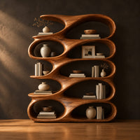 Bookshelf of stacked oval open pockets with a long flowing top level in a dark studio against a charcoal plaster wall
