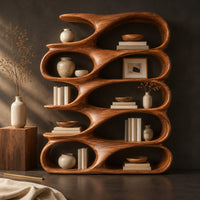 Corner detail of bookshelf of stacked oval open pockets with a long flowing top level beside wood, brass and linen samples