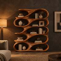 Bookshelf of stacked oval open pockets with a long flowing top level in a dark living room at golden hour