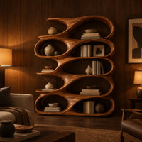 Bookshelf of stacked oval open pockets with a long flowing top level in an evening living room with walnut wall paneling