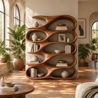 Bookshelf of stacked oval open pockets with a long flowing top level in a bright living room with arched windows and plants