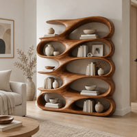 Bookshelf of stacked oval open pockets with a long flowing top level in a Scandinavian living room with white walls