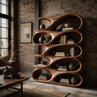 Bookshelf of stacked oval open pockets with a long flowing top level in an industrial loft living room with exposed brick