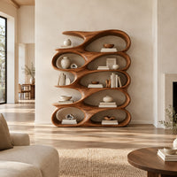 Bookshelf of stacked oval open pockets with a long flowing top level in a bright open plan living room