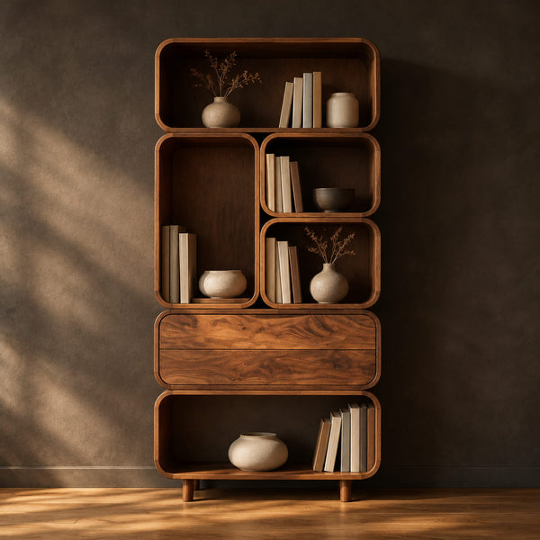 Stacked Soft Edge Bookshelf With Open Cubbies And A Wide Drawer