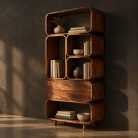 Tall stacked bookshelf of soft edged cubbies with a wide drawer, three-quarter view showing the grain