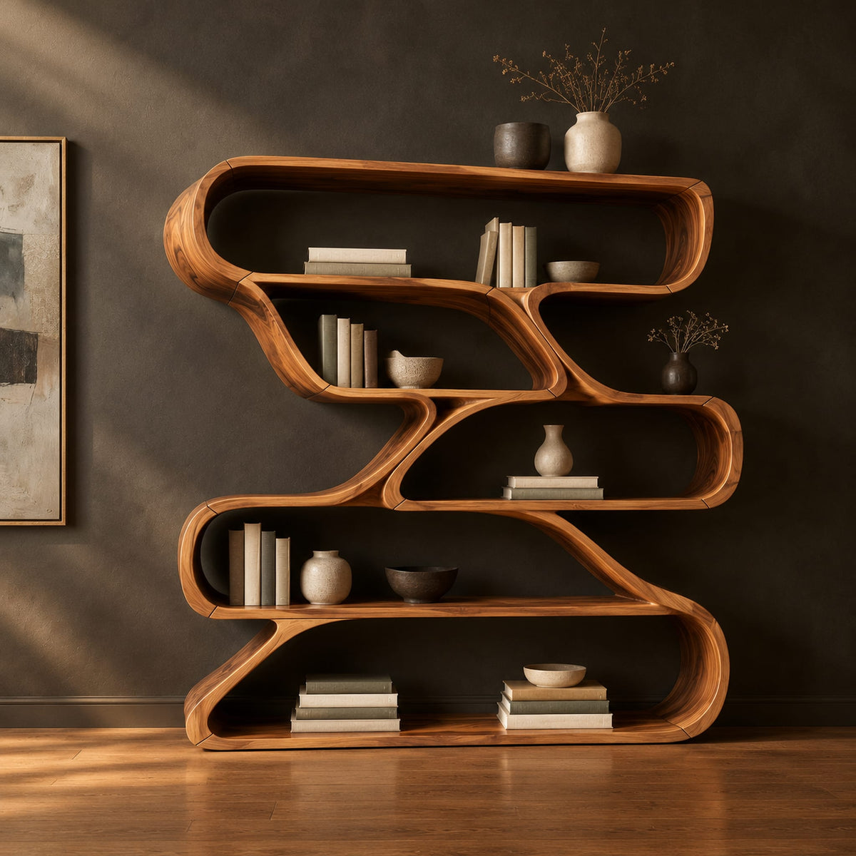 Bookshelf of staggered looping open compartments with soft pill shaped ends in a dark studio against a charcoal plaster wall